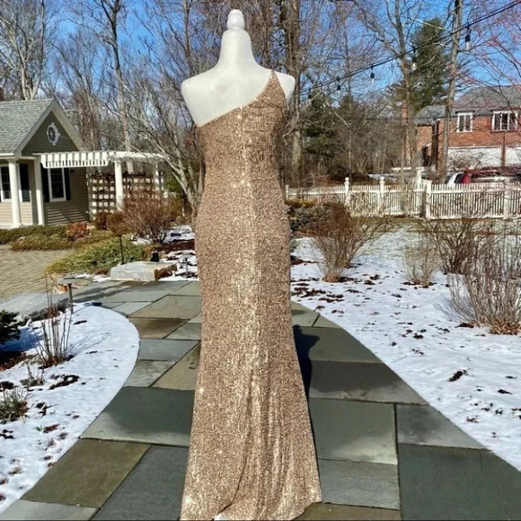 NWT BHLDN Gold Sequin One Shoulder Formal Maxi Dress Caspian Size 14 - Picture 10 of 15